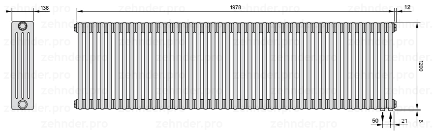 Схема (чертеж) Радиатор Zehnder Charleston 4120/43 №5510 Белый глянцевый RAL 9016